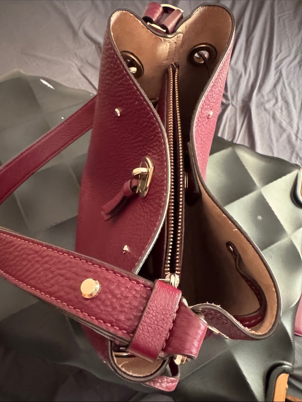 Kate Spade Marti Pebbled Leather Medium Bucket Bag in Deep Berry. - Picture 3 of 8